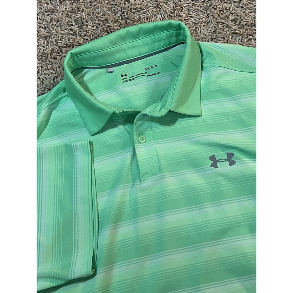 Under Armour Heatgear Men's Polo Green Stripes Sz Large Loose Fit‎ Golf Shirt